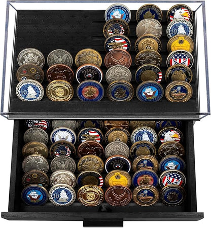 Black Military Challenge Coins Display Holder with American Flag,Solid Wood Challenge Coin Stand with Drawer,Challenge Coin Display Case for Collector, Military Coin Holder Rack for Desk