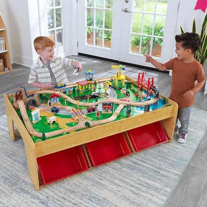 KidKraft Waterfall Mountain Wooden Train Set & Table with 120 Pieces, 3 Storage Bins
