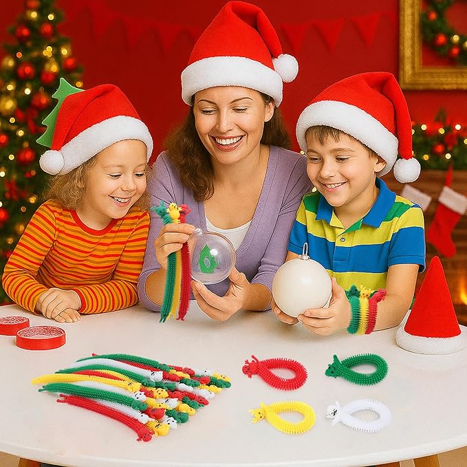 32 Pcs Christmas Stretchy Strings Fidget Toys, Colorful Stretchy Fidgets Sensory Toys, Stress Relief Stretch Sensory Bracelet String with Xmas Tree Santa Claus Snowman Elk for Party Favors (Convex)