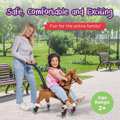 Power Pony Ride On Toy for 2+ Kids - Power Ponies Push Pull Kids Ride On Horse for Toddlers with A Removable Parent-Controlled Push Handle for Easy Rides, Brown, Champ