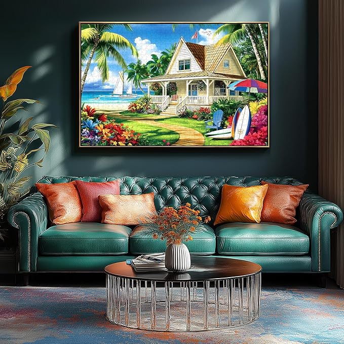Beach House Paradise 1000 Piece Jigsaw Puzzle for Adults - Tropical Ocean Scene with Palm Trees, Sailboats & Coastal Cottage - Challenging Puzzle Games, Summer Beach Landscape, Nature Scenery Art