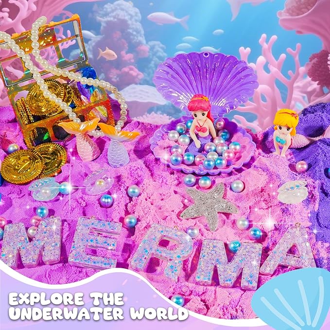 Bbiamsleep Mermaid Sensory Bin, Ocean Sand Kit with Color Sand Mermaid Sensory Kit for Birthday Party