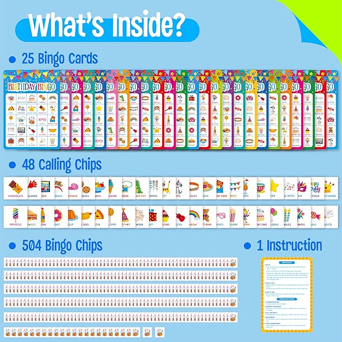 SpriteGru Birthday Bingo Game, 25PCS Bingo Board Card, 25 Players Birthday Party Game Set for Kids or Adults, Party Favor Decoration Supplies