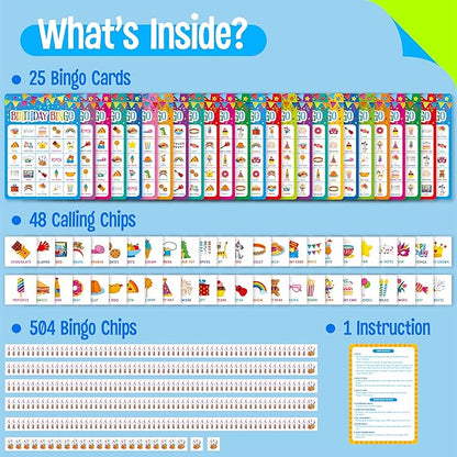 SpriteGru Birthday Bingo Game, 25PCS Bingo Board Card, 25 Players Birthday Party Game Set for Kids or Adults, Party Favor Decoration Supplies