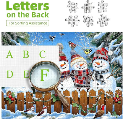 Winter Snowmen Christmas Jigsaw Puzzle 1000 Pieces for Adults Festive Holiday Scene with Birds & Snowy Fence Puzzle with Letters on Back Family Challenge Perfect for Game Night (27.6x19.7 Inch