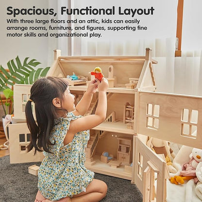 PlanToys® Victorian Wooden Dollhouse | 3-Story Large Doll House with Attic, Opening Panels & Sliding Windows | Pretend Play Dollhouse Compatible with 1:12 Scale Furniture & Wooden Dolls