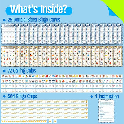 Spanish Bingo Game, 25 Boards for Spanish Vocabulary Bilingual Word Bingo Game Educational Toys for Language Learning - Ages 5 and up (Up to 25 Players)