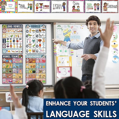 16 Sound Wall Classroom Phonics Language Arts Charts for Kids Toddler Learning Vowels Sounds, Phonics Posters for Classroom, Digraphs and Blends Poster, Reading Poster, Sound Wall Phonics Routine（16 x 11 Inch）