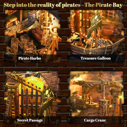 Book Nook Pirate Kit - DIY Miniature House Kit for Adults, Teens, Dollhouse Booknook Bookshelf Insert Decor with LED Light, 3D Wooden Puzzle Gifts for Family, Friends