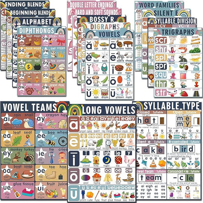 16 Sound Wall Classroom Phonics Language Arts Charts for Kids Toddler Learning Vowels Sounds, Phonics Posters for Classroom, Digraphs and Blends Poster, Reading Poster, Sound Wall Phonics Routine（16 x 11 Inch）
