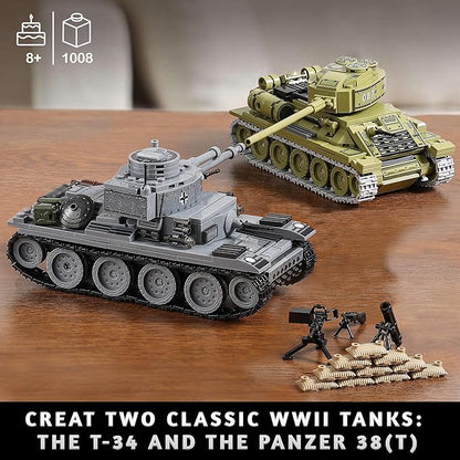 WW2 Army Tanks Toy Building Sets (1008 Pieces) Compatible with Lego, Create a Soviet T-34 & German Panzer 38(t) Tank, Great Military Model Toys Gift for Boys, Kids, and Teens Age 8+
