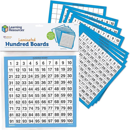 Learning Resources Laminated Hundred Boards - 10 Pieces Dry-Erase Counting Aid, Teaching Supplies, Math Boards for Kids