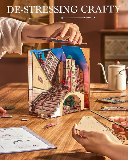 Rolife DIY Book Nook Kits Sunset Street Scene, Endless Stairs Bookshelf Decor 3D Wooden Puzzles for Adults, DIY Miniature House Model Building Kits, DIY Crafts/Birthday Gifts for Teens & Book Lovers