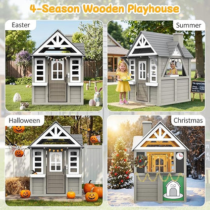Kids Playhouse Outdoor,Wooden Play House Playset for Kids, Large, Sturdy, Realistic Design with Kitchen, Doorbell, Flower Pot, Stove, Sink & Clock, Perfect for Kid Ages 3-8 (Gray)