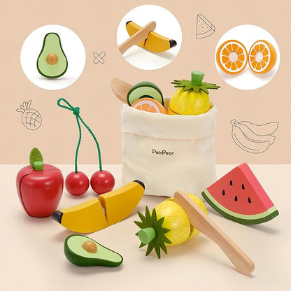 PairPear Wooden Toys Play Food Sets for Kids Kitchen, Kids Toy Food Cutting Fruit Set for Toddlers 3+ Years Old, Pretend Food Play Kitchen Accessories for Girls and Boys