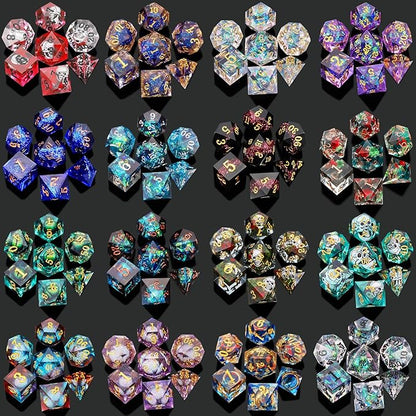 QMAY Resin Mystery Dice Set, 7 Pcs Handmade Sharp Edge Polyhedral Dice, Random Various Styles DND Dice & Dice Bag, DND Gifts, Suitable for Dungeons and Dragons, RPG, MTG,Role Playing Table Game