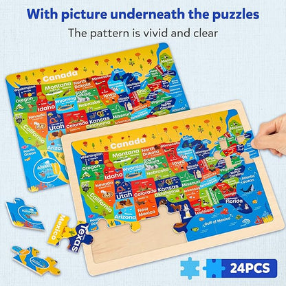 SYNARRY Large US World Earth Solar System Wooden Puzzles for Kids Gift Box(12.2*9.4 in) - FSC Certified, Puzzles for Toddlers 3-5, Puzzles for Kids Ages 4-6, Map Toys Gifts for 3 4 5 Year Old Boy Girl