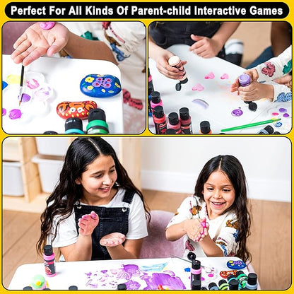 JOYIN 12PCS Washable Kids Tempera Paint Set (2 oz Each), 6 Brushes, 2 Palette & 1 Stretchable Washing Bucket, Non-Toxic Kids Liquid Paint for Arts and Crafts Project, Finger Painting, Hobby Painters