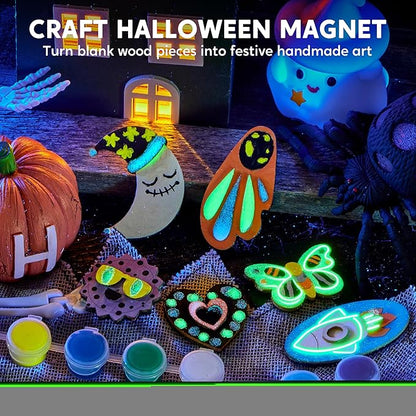 JOYIN 12 Glow in The Dark Wooden Magnets for Kids, Paint Your Own Arts and Crafts Painting Kit, Halloween Crafts Birthday Parties and Family Crafts Gift, Party Favors for Boys Girls Ages 3+