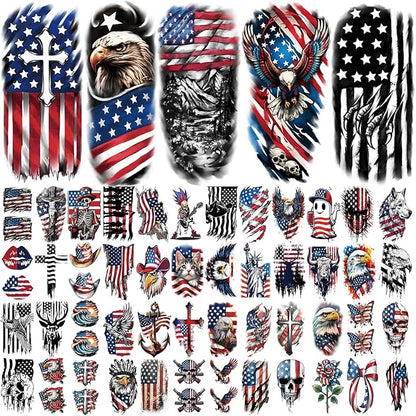 77 Sheets Independence Day Temporary Tattoo for Women Men, 17 Half Arm 4th of July Fake Tattoos, 60 Tiny American Flag Eagle Dog Cat Cow Memorial Labor Day Patriotic Body Tattoos