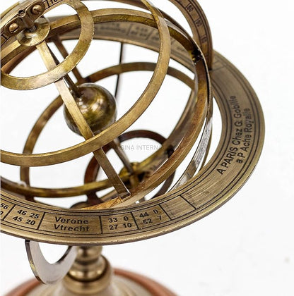 Nagina International Antique Vintage Zodiac Armillary Brass Sphere Globe Wooden Display | Pirate's Antique Ship Decor (Medium, Antique Brass)