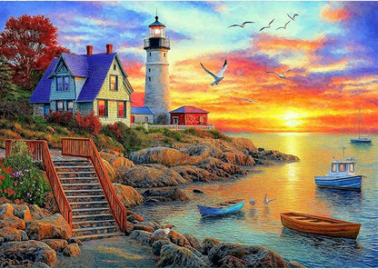 Lighthouse Sunset 500 Piece Puzzles for Adults Colorful Coastal Scene with Boats Jigsaw Puzzles 500 Pieces Seaside Landscape Family Puzzle Challenging Family Puzzle Games Gift for Adults (21"x15")