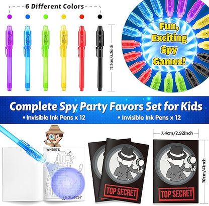 Joycover 12 PCS Invisible Ink Pen with UV Light for Kids, Spy Pens and Notebook, Birthday Party Favors for Kids 4-8, School Prize Goodie Bag Stuffers, UV Pen for Secret Message Escape Room