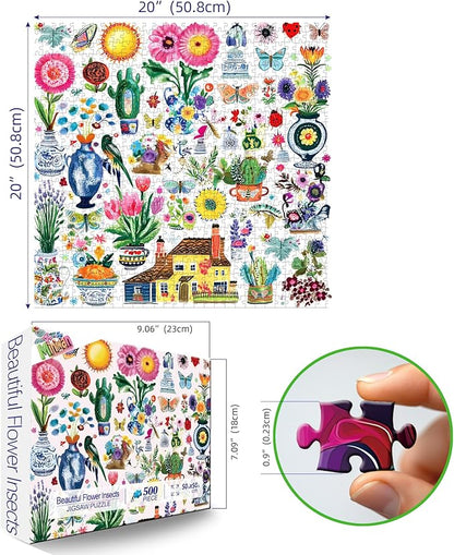 500 Piece Jigsaw Puzzle for Adults Vibrant Garden Scene Cute Butterflies Flowers Birds House Whimsical Doodle Collage Garden Charming Cartoon Art Challenging Yet Relaxing, 20x20 Inch Artwork