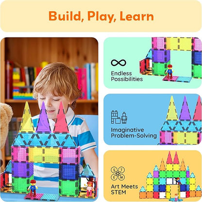 PicassoTiles 63pc Magnetic Tile Building Block Set with 2 Character Figures STEM 3D Construction Educational Toy for Kid Toddlers Boys Girls Age 3 Plus Montessori Learning Playset Creativity Kit PTL63