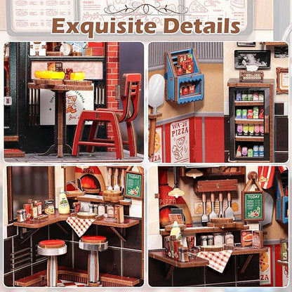 Fsolis Book Nook Kit - 3D Wood Puzzles for Adults, 285 pcs, DIY Bookshelf Scene Miniature Kit, Tiny House Mini Craft Model Gifts for Women (Uncle Joe's Pizzeria)