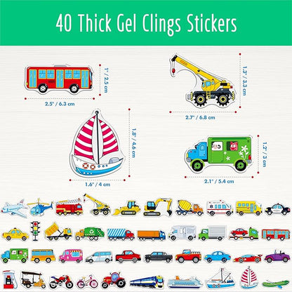 40PCS Vehicle Jelly Stickers, Transportation Tools Thick Window Door Clings Removable Reusable Gel Decals for Kids Toddlers Adults Home Classroom Nursery Party Supplies (Not Edible)