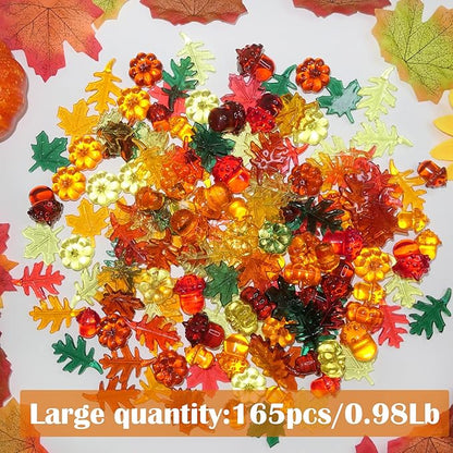 Fall Vase Filler,165 Pcs Acrylic Pumpkin Leaves Acorn Gems Sensory Bin Fillers for Thanksgiving Centerpieces Table Decorations,Table Scatters,Preschool Counting and Thanksgiving Craft