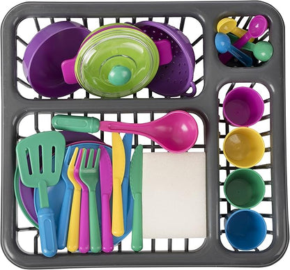 Big Mo’s Toys Pretend Play Dishes Playset – Little Chef Kitchen Set, Kids Cooking Serving Dishes - Play Cups, Pans, Cutlery, Ladle, Tableware, Pots and Dish Drainer, Set of 28