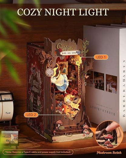 Rolife DIY Book Nook Kits Fall into Wonder, Fairy Tale Bookend Wooden 3D Puzzles for Bookshelf Decor, DIY Miniature House Building Kit for Adults, DIY Crafts/Surprised Gifts for Teens & Book Lovers