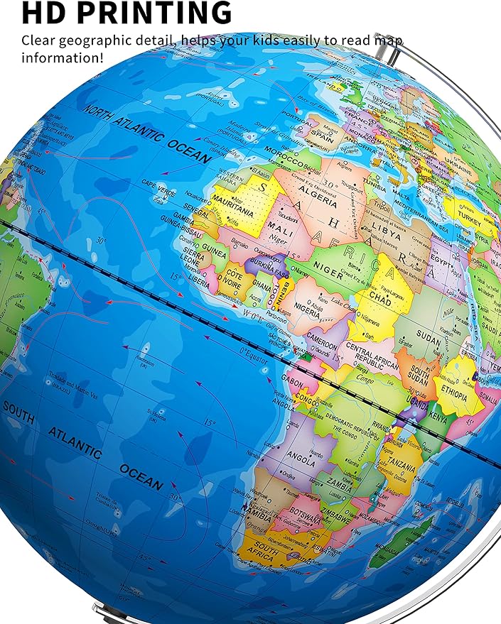 13" World Globe with Stand, Illuminated Educational Globes with HD Printed Map for Kids Classroom Learning, LED Globe Lamp with Stable Heavy Metal Base