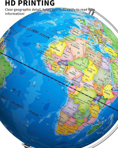 13" World Globe with Stand, Illuminated Educational Globes with HD Printed Map for Kids Classroom Learning, LED Globe Lamp with Stable Heavy Metal Base