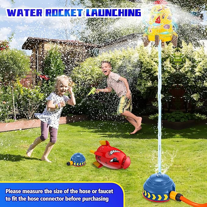 Water Rocket Sprinkler for Kids, Outdoor Sprinkler Rocket Launcher Toy for Backyard, Summer Water Toys for Kids Ages 3-12, Fun Water Powered Rocket Toy (Red-3)