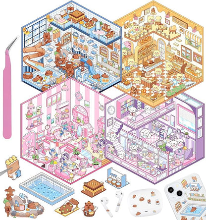 DIY 3D House Stickers, 4 Sets Fun DIY Stickers Scene Make Your Own Mini House Cute Cartoon Animal Scene Sticker for Kids Adult Sticker Art Relief Stress Pass The Time