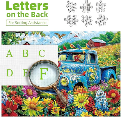 500 Piece Puzzles for Adults & Family - Songbirds Farm Jigsaw Puzzle with Recycled Cardboard | Vintage Truck, Red Barns & Wildflowers | 21x15 Inch Art Puzzle Gift