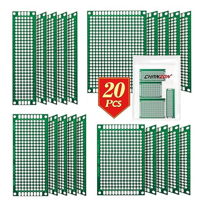 Chanzon 20 Pcs Double Sided PCB Board (4 Sizes - 2X8 3X7 4X6 5X7) Tinned Through Holes FR4 Prototype Kit Printed Circuit Universal Perfboard for DIY Soldering Project Compatible with Arduino Kits