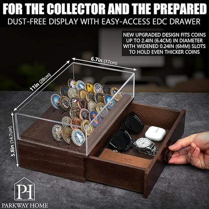 Military Challenge Coins Display Holder with American Flag and Clear Cover - Solid Wood Challenge Coin Stand with Drawer, Challenge Coin Display Case for Collector, Military Coin Holder Rack for Desk