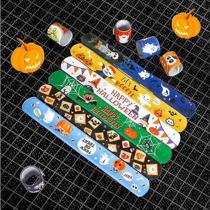 Halloween Slap Bracelet For Kids,48Pcs Halloween Party Favors, Halloween Decorations Gifts Bracelet Decorations Outdoor, Halloween Prizes Snap Bracelets Bulk Decor,Halloween Favors for Kids,Boys,Girls