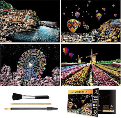 Rainbow Scratch Art Painting Paper (A4) for Adults & Kids, DIY Night View Scratchboard Set: 4 Sheets Scratch Cards & Clean Brush, Drawing Pen(Cinque Terre / Windmill / Ferris Wheel / Hot Air Balloon)