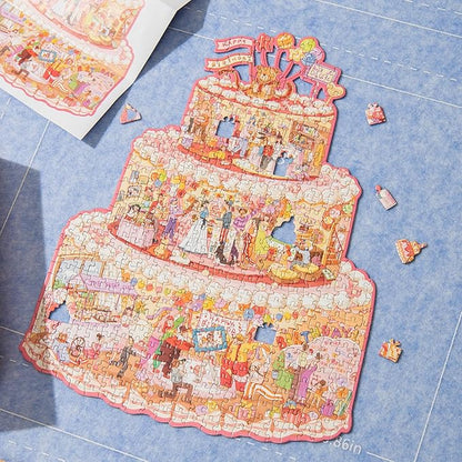 MOMIBOOK Puzzles for Adults 481 Pieces Irregular Jigsaw Puzzles of Birthday Cake Cabin, Painting Image Chinese Challenging Hard Impossible Puzzle Unique Funny Party Christmas Birthday Gifts