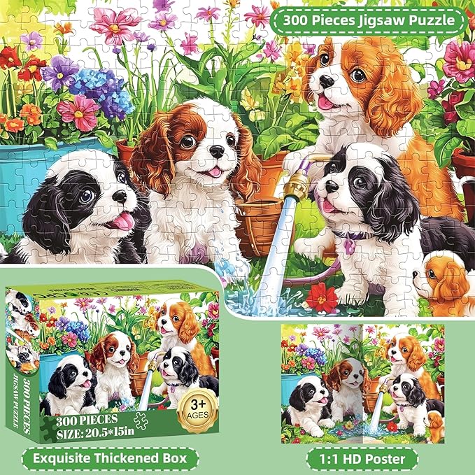300 Pieces Cute Dogs Puzzles for Adults,Large Pieces Puzzle for Teens Seniors,Fun Puzzles 300 Piece for Kids Ages 8-10 10-12,Challenging Jigsaw Puzzle for Family,Great Gift for All Ages,20.5 x 15 in