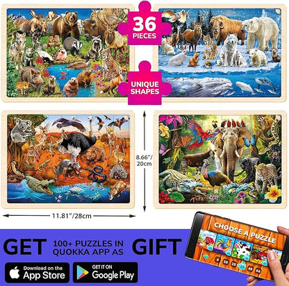 QUOKKA 4SET Puzzles for Kids Ages 4-6 - 36 Pcs Wooden Realistic Montessori Puzzles Ages 3-5 - Polar & Tropical Regions, Yellowstone & Australian Animals Learning Games for Boys and Girls 4-8 Year Old