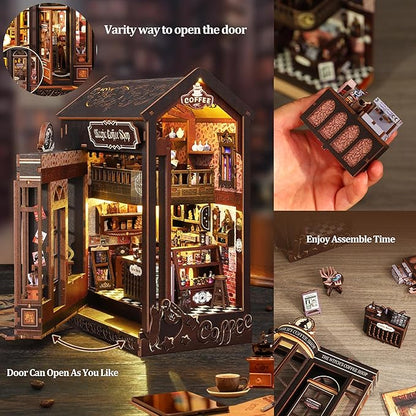 ISSEVE Book Nook Kit - DIY Miniature Dollhouse Booknook for Adults Teen, 3D Wooden Puzzle Tiny House Kit Bookshelf Decor, Gifts for Men Women Halloween Christmas Birthday (Coffee Shop)