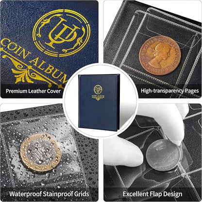 160 Pockets Coin Album - 10 Sheets Mixed Sizes Coin Holder 45x43/33x33 mm Collecting Grid for Pounds Pence Cents (Blue) CS48160BL