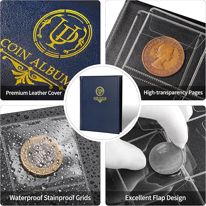200 Pockets Coin Album - Coin Collecting Book with 10 Pages, 33x33 mm Grid Holder for Pounds Pence Cents Dollars Nickel (Blue) CS48200BL