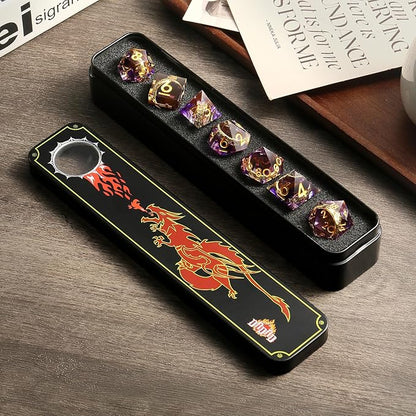 Magic Lord Ring D&D Dice Set DNDND Sharp Edge DND Dice Purple Swirl with Golden Ring Inside with Gift Metal Case for Dungeons & Dragons D&D Tabletop Game (Purple)